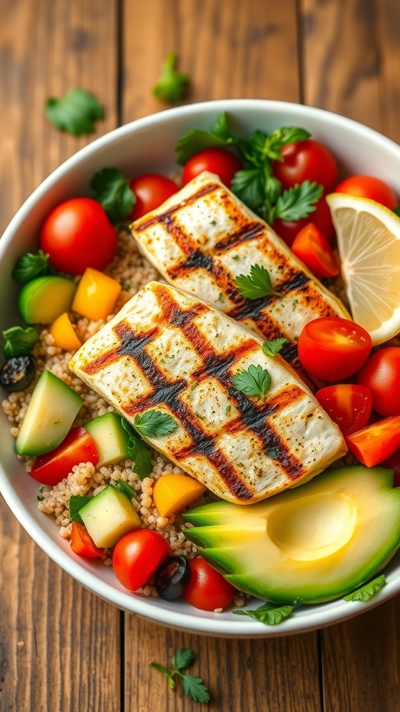 A healthy quinoa bowl with grilled fish, cherry tomatoes, cucumber, and avocado on a wooden table.